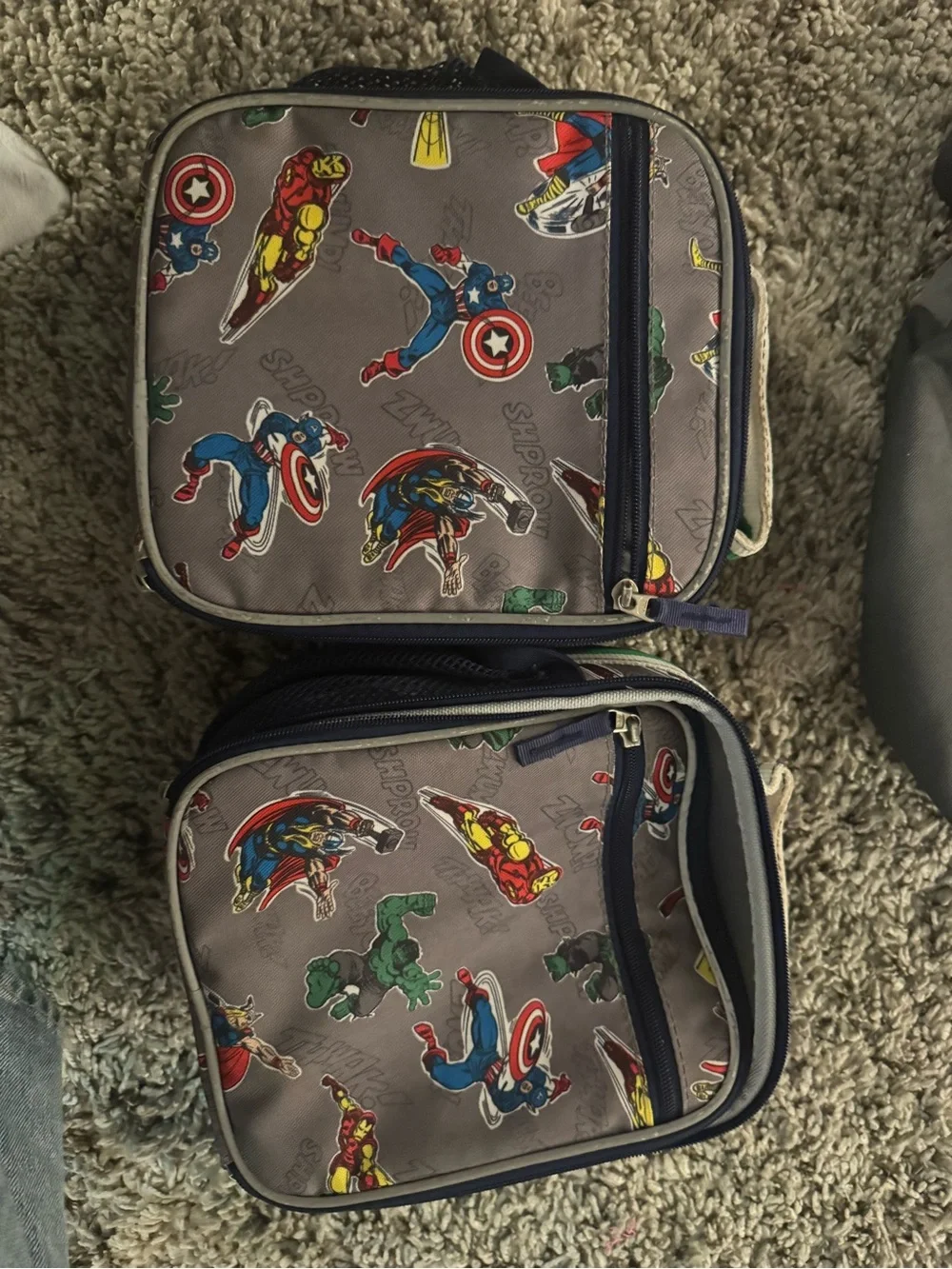 Pottery Barn Kids large Gray Marvel Superhero Backpack and Lunch Boxes